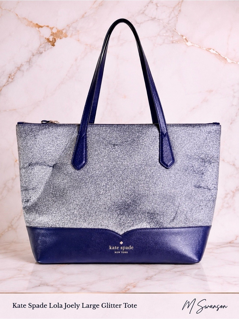 Kate Spade Lola Joely Large Glitter Carryall Tote in Dusk Navy Blue GUC